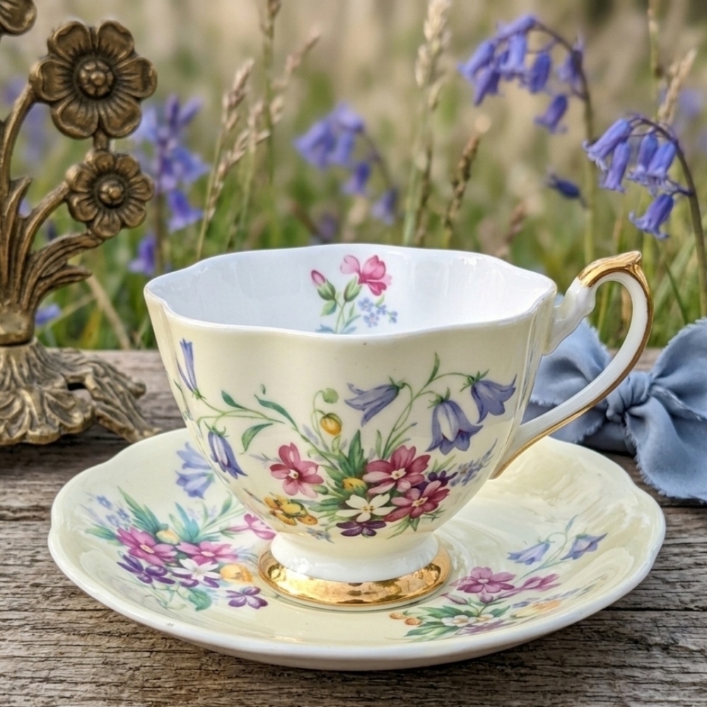 Queen Anne Vintage Bone China Teacup Saucer Set Yellow Wildflowers Bluebells